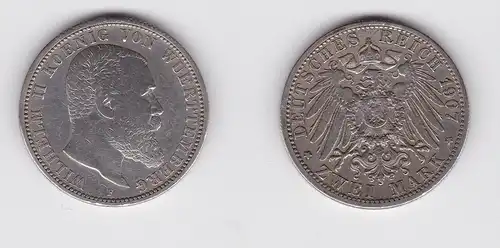 2 Mark Silber Münze Württemberg König Wilhelm II 1907 F (130970)