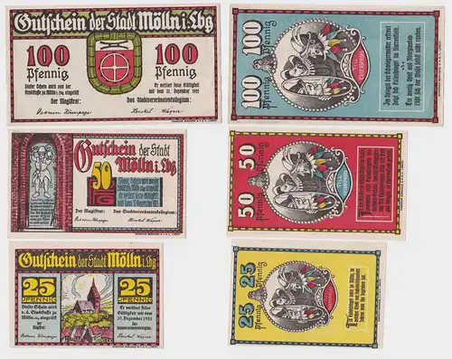 3 Banknoten Notgeld Stadt Mölln in Lbg. ohne Datum (1921)  (120085)