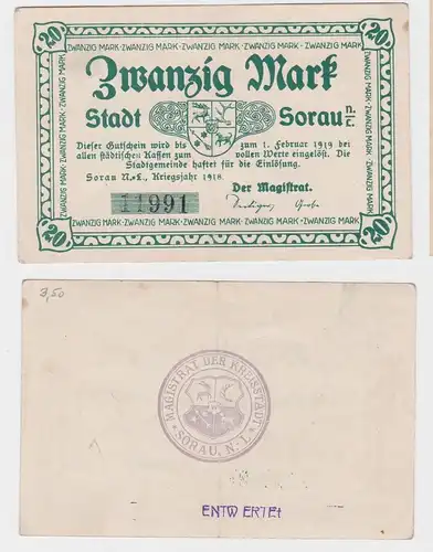 20 Mark Mark Banknote Kriegsnotgeld Stadt Sorau N.-L. 1918 (120018)