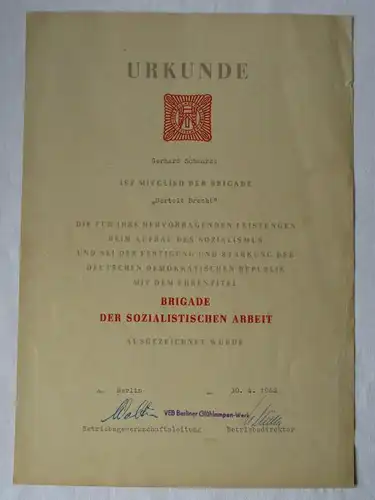 DDR Urkunde Brigade der sozialistischen Arbeit "Bertolt Brecht" 1962 (135025)