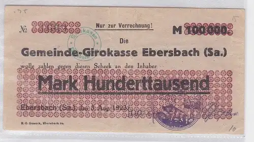 100000 Mark Banknote Gemeinde Girokasse Ebersbach 3.8.1923 (119070)
