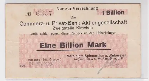 1 Billion Mark Banknote Spinnerei & Weberei Kirschau 20.11.1923 (118864)
