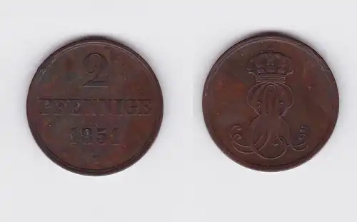 2 Pfennig Kupfer Münze Hannover 1851 B (119342)
