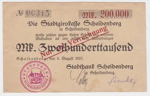 200000 Mark Banknote Stadtgirokasse Scheibenberg 8.8.1923 (116240)