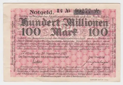 100 Millionen Mark Banknote Notgeld Amtshauptmannschaft Zittau 28.9.1923(117342)