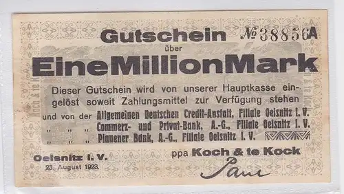 1 Million Mark Banknote Ölsnitz im Vogtl. Koch & te Kock 23.8.1923 (118831)