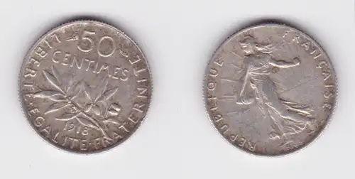 50 Centimes Silber Münze Frankreich 1918 ss+ (134302)