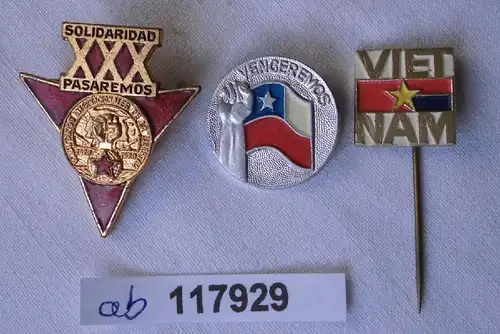 3 x seltene DDR Solidaritätsabzeichen mit Vietnam, Chile (117929)