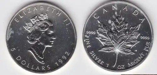 5 Dollar Silber Münze Canada Kanada Maple Leaf 1992 Stempelglanz (134267)