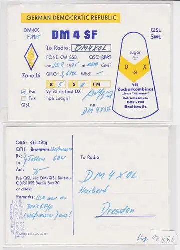 12886 QSL Karte Amateur Funker DDR Brottewitz VEB Zuckerkombinat 1975
