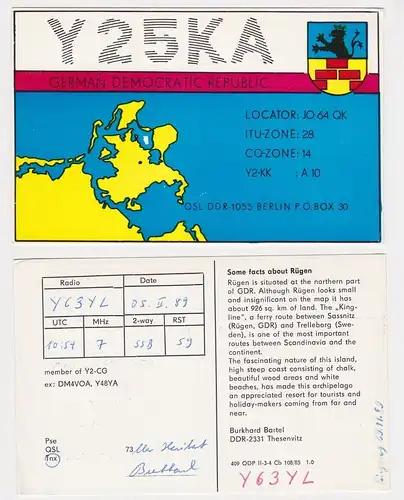 28328 QSL Karte Amateur Funker DDR Rügen mit Wappen 1989