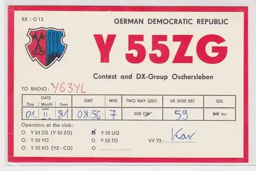 16425 QSL Karte Amateur Funker DDR Oschersleben mit Stadtwappen 1981
