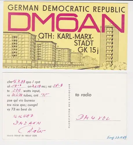 16734 QSL Karte Amateur Funker DDR Karl Marx Stadt Neubauten 1969