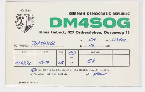 34087 QSL Karte Amateur Funker DDR Oschersleben mit Stadtwappen 1972
