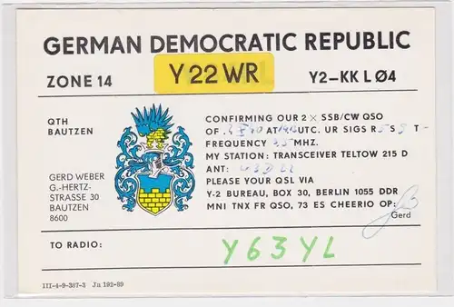 41815 QSL Karte Amateur Funker DDR Bautzen mit Stadtwappen 1990