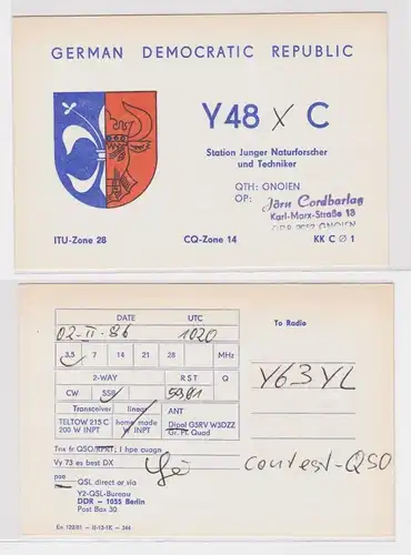 21858 QSL Karte Amateur Funker DDR Gnoien mit Stadtwappen 1986