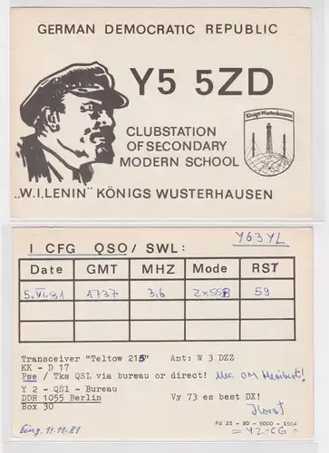 14277 QSL Karte Amateur Funker DDR Königswusterhausen W.I.Lenin 1981