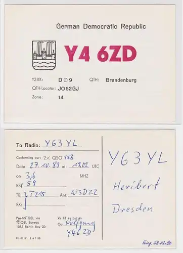 27478 QSL Karte Amateur Funker DDR Brandenburg mit Stadtwappen 1989