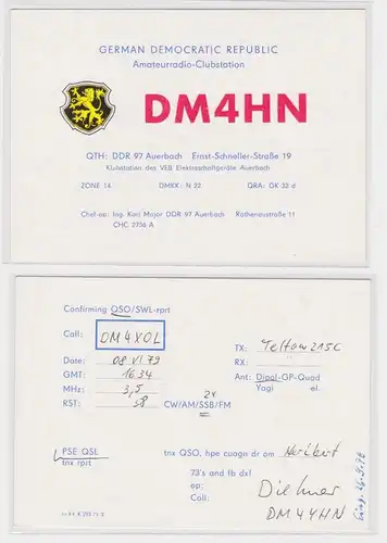 42197 QSL Karte Amateur Funker DDR Auerbach mit Stadtwappen 1976