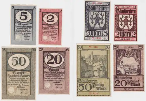 2, 5, 20 und 50 Mark Banknoten Kriegsgeld Oberamtsbezirk Blaubeuren (133062)