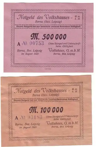 2 Banknoten Inflation Notgeld des Volkshauses Borna bei Leipzig 1923 (113313)