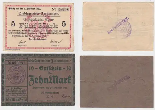 5 & 10 Mark Banknoten Notgeld Stadtgemeinde Furtwangen 1918 (132038)