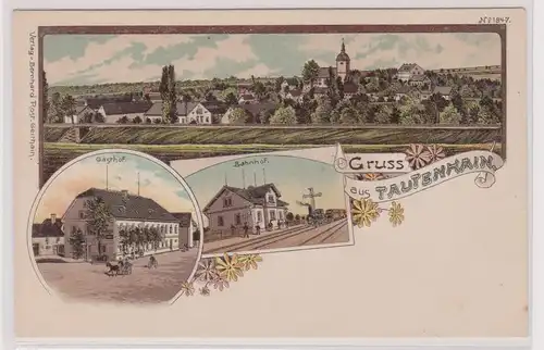 59432 Ak Lithographie Gruß aus Tautenhain Gasthof, Bahnhof usw. um 1900