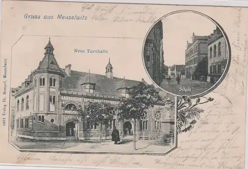 903867 Mehrbild Ak Gruß aus Meuselwitz neue Turnhalle und Schule 1902