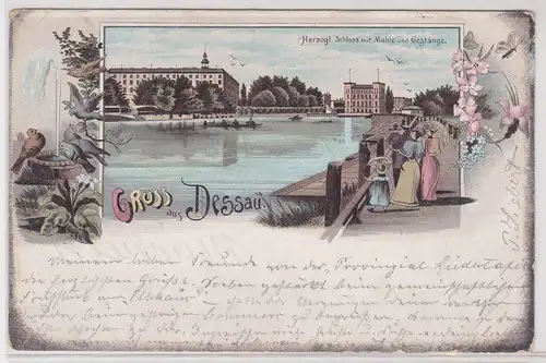 903316 Ak Lithographie Gruß aus Dessau herzogliches Schloss mit Mühle 1897
