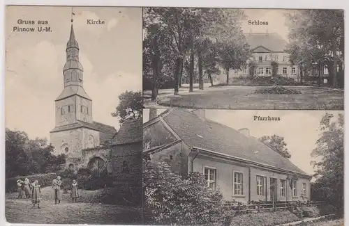903638 Mehrbild Ak Gruß aus Pinnow U.-M. Kirche, Schloss, Pfarrhaus 1910