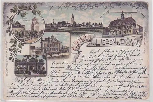 903318 Ak Lithographie Gruß aus Liebenwerda Restaurant, Postamt usw. 1898