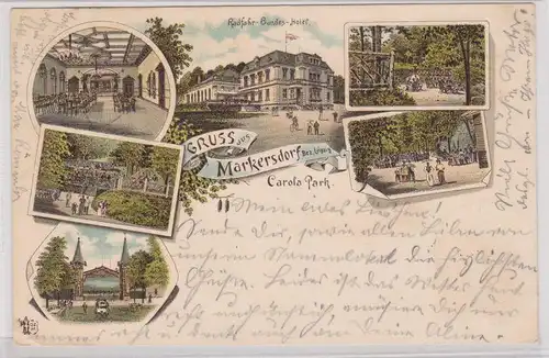 903321 Ak Lithographie Gruß aus Markersdorf Carola Park Radfahr Bundeshotel 1896