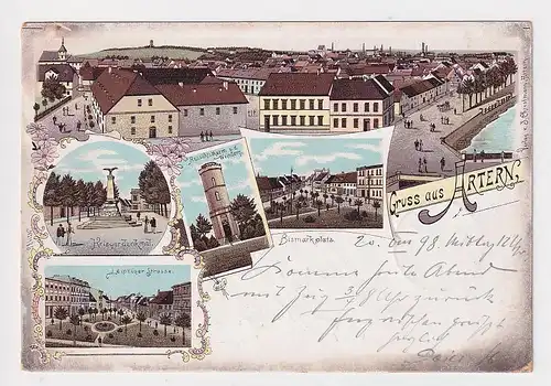 903315 Ak Lithographie Gruß aus Artern Kriegerdenkmal, Bismarckplatz usw. 1898
