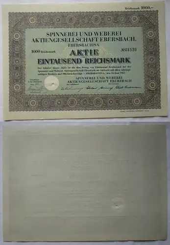 1000 RM Aktie Spinnerei & Weberei AG Ebersbach Sachsen 16.Juni 1942 (132406)