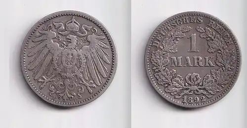 1 Mark Silber Münze Deutschland Kaiserreich 1892 D Jäger Nr.17 (153160)