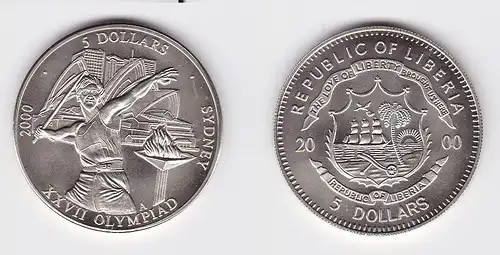 5 Dollar Nickel Münze Liberia 2000 Speerwerfer, Olympiade Sydney (117914)