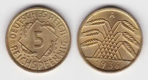 5 Reichspfennig Messing Münze Deutsches Reich 1936 A Jäger 316 Stgl.(143096)