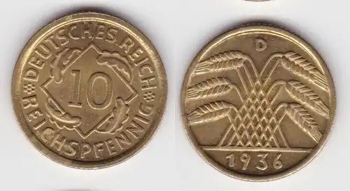 10 Reichspfennig Messing Münze Deutsches Reich 1936 D Jäger 317 Stgl.(142801)