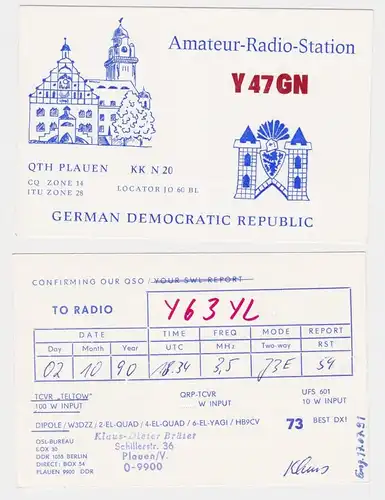 75277 QSL Karte Amateur Funker DDR Plauen im Vogtland Wappen 1990