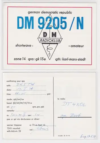 94871 QSL Karte Amateur Funker DDR Karl Marx Stadt 1978
