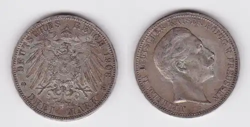 3 Mark Silbermünze Preussen Kaiser Wilhelm II 1908 A Jäger 103 ss+ (113929)