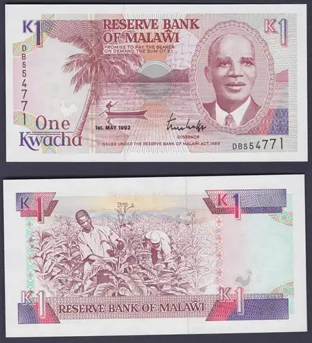 1 Kwacha Banknote Reserve Bank of Malawi 1992 kassenfrisch UNC (162766)
