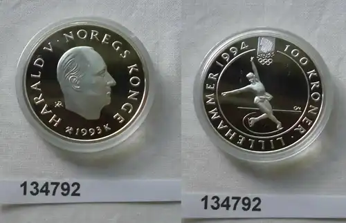 100 Kronen Silber Münze Norwegen Olympiade 1994 Eiskunstlauf 1993 (134792)