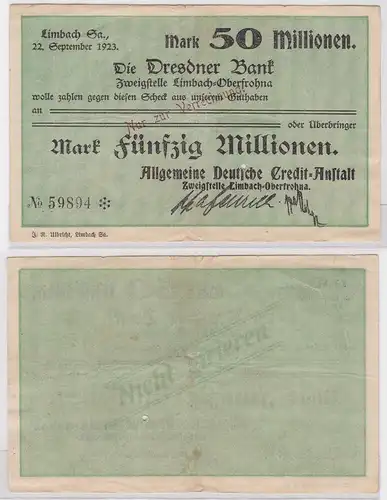 50 Millionen Mark Banknote Dresdner Bank Limbach 22.9.1923 (121676)
