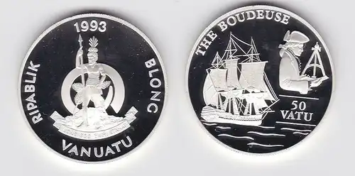 50 Vatu Silber Münze Vanuatu 1993 Segelschiff "The Boudeuse" (131049)