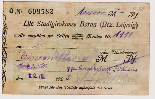 Firmenscheck 1 Million Mark Banknote Stadtgirokasse Borna 2.8.1923 (120893)