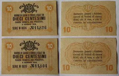 2 x 10 Centesimi Banknoten Italien 2.1.1918 Cassa Veneta dei Prestiti (115706)