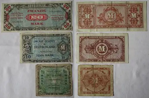 3 Banknoten 1/2 bis 20 Mark alliierte Besatzung 1944 (100447)