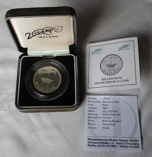 1 Pfund Silber Münze Irland Millennium 2000 PP in OVP (113341)