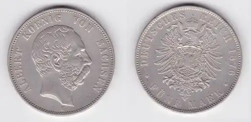 5 Mark Silbermünze Sachsen König Albert 1876 Jäger 125 ss+ (162570)